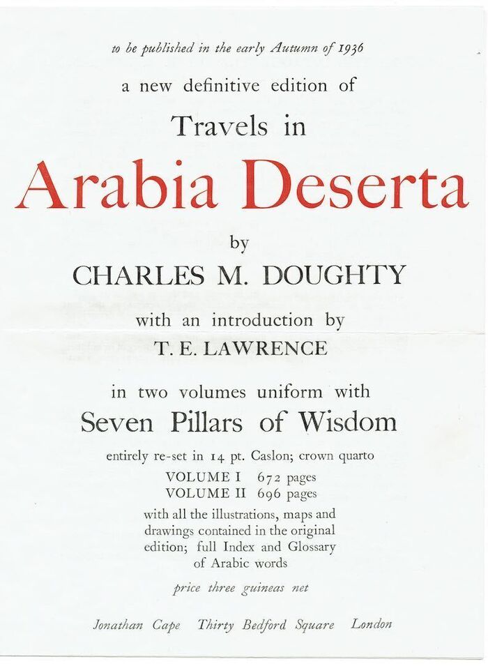 The Prospectus for 'a new definitive edition of Travels in Arabia Deserta by Charles M. Doughty with an introduction by T.E. Lawrence in two volumes uniform with Seven Pillars of Wisdom' Image