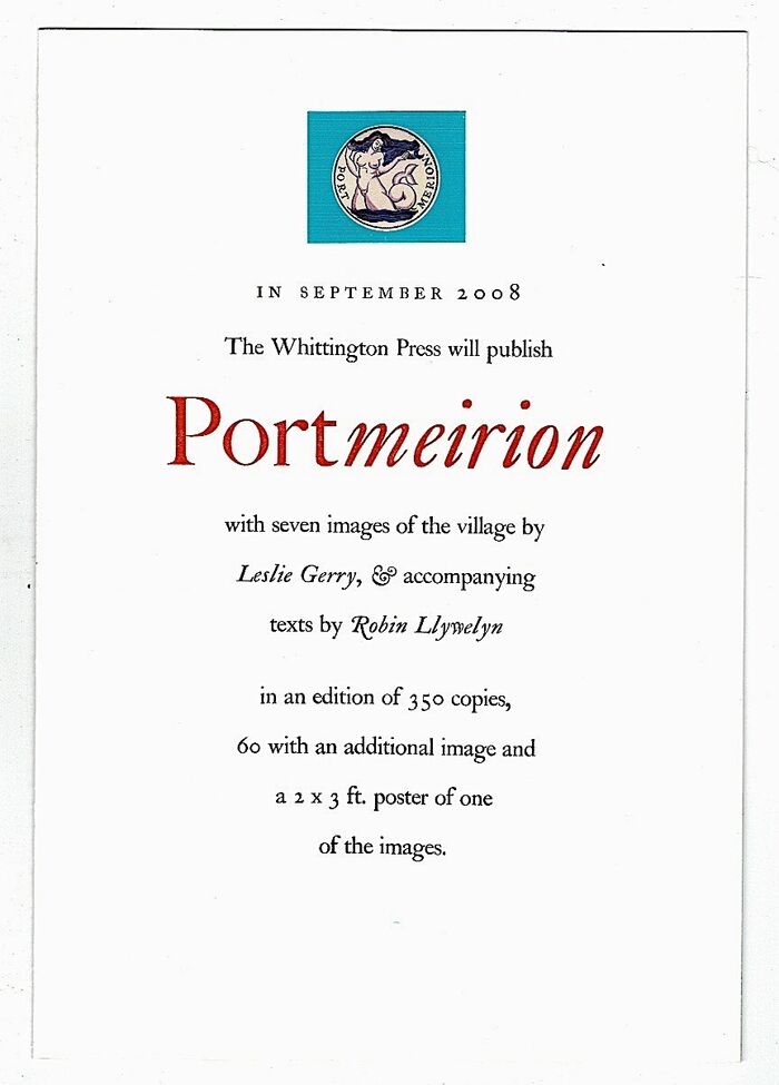 Portmeirion, with seven images of the village by Leslie Gerry & accompanying texts by Robin Llywelyn. Image