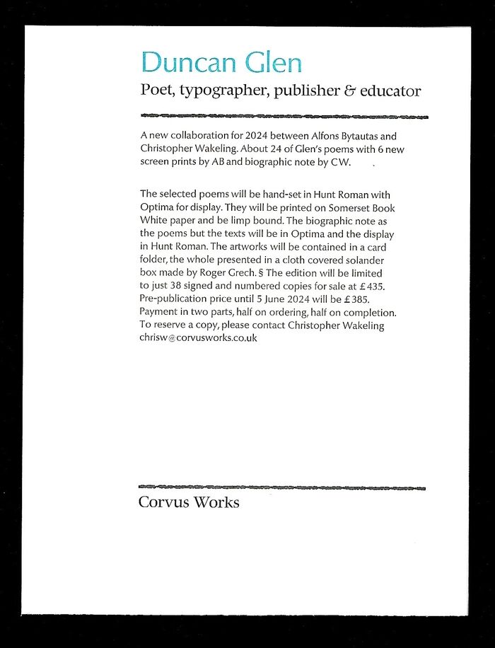 Duncan Glen: Poet, typographer, publisher & educator. Image